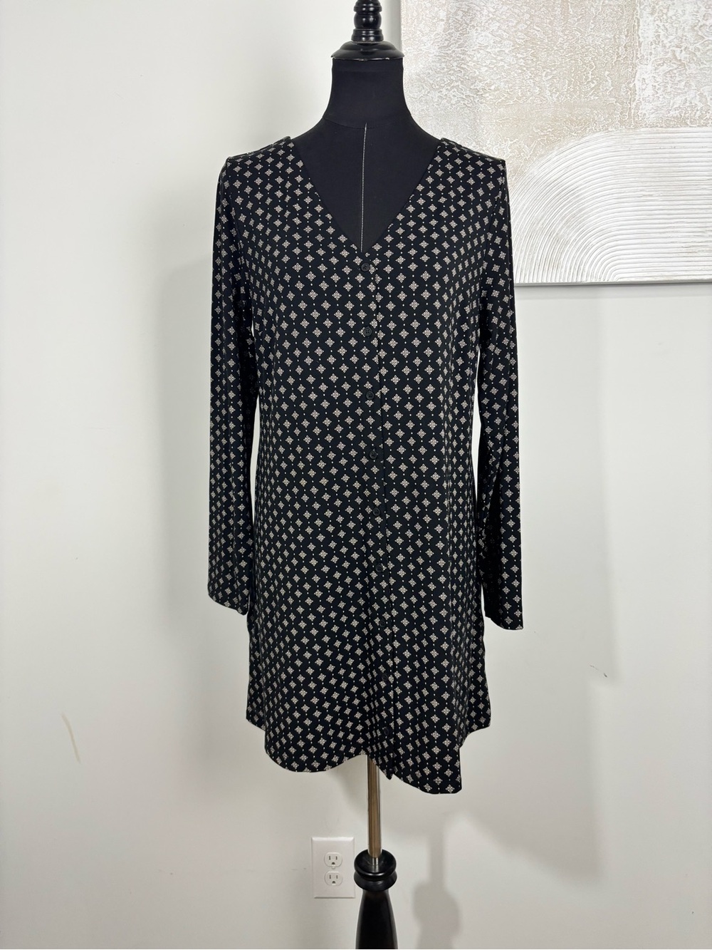 Garnet Hill Women Large Black Beige Print Long Sleeve V-Neck Shirt Dress Pockets